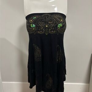 Elegant Black Strapless Top with Gold and Green Accents